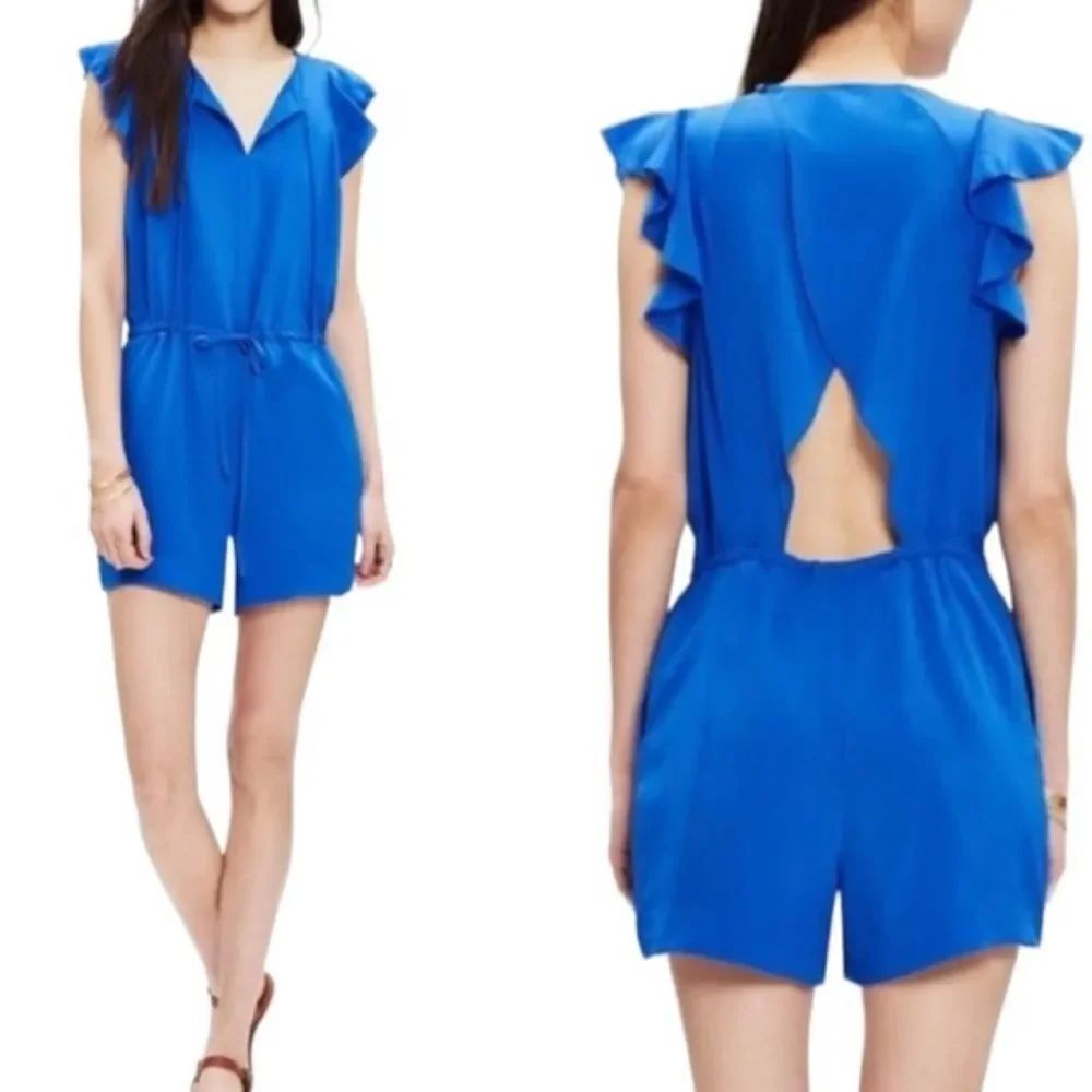 Madewell Petal Play Silk Royal Blue Ruffle Romper Women’s Small